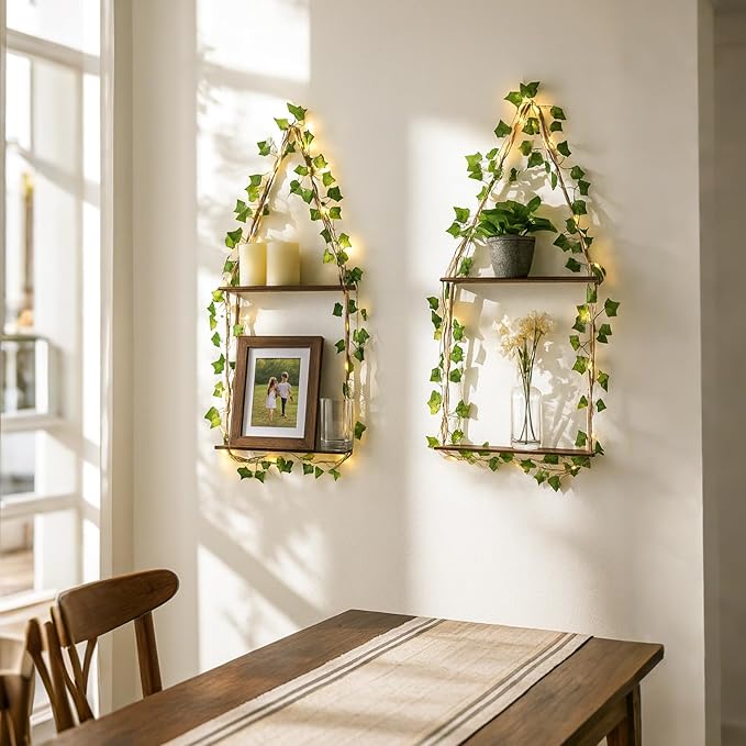 Artilady 2 Pack Artificial Ivy Macrame Hanging Shelves with Lights Boho Wall Decor, 2 Tier Wood Flaoting Shelf Plant Storage Rack for Bedroom Bathroom Living Room Nursery