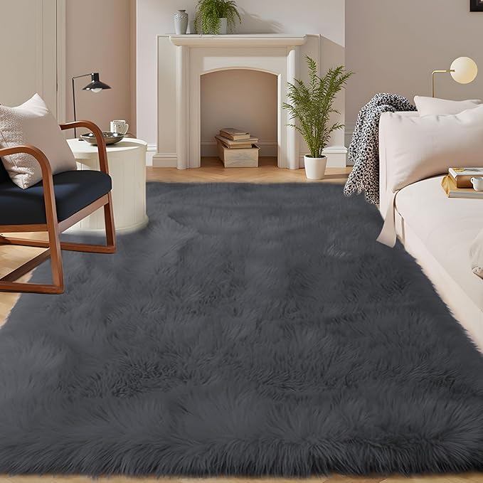 Latepis Dark Grey Faux Fur 7'10"x9'10" Area Rug, Soft Plush Faux Fur Sheepskin Rugs for Living Room, Washable Fluffy Fuzzy Rug for Bedroom and Living Room, Luxury Room Decor, Rectangle