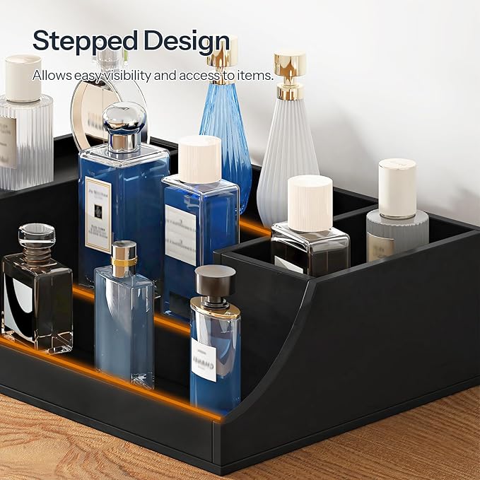 HOOBRO Cologne Organizer for Men, 3 Tier Bamboo Perfume Organizer with Velvet-Lined Drawer and Hidden Compartment, Wooden Perfume Display Holder, Ideal Gift for Boyfriend, Dad, Black BK29CJ01