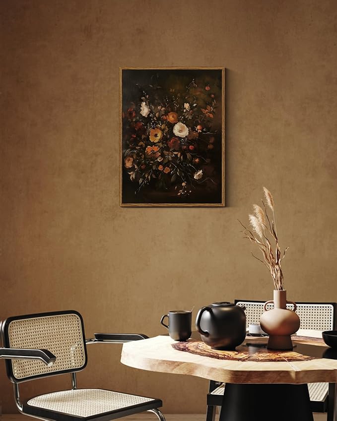 InSimSea Framed Canvas Prints Art Vintage Decor, Classical Fall Wildflower Floral Painting, Rustic Dark Autumn Flower Wall Art for Living Room Bedroom Home Bathroom Wall Decor, 12x16inch