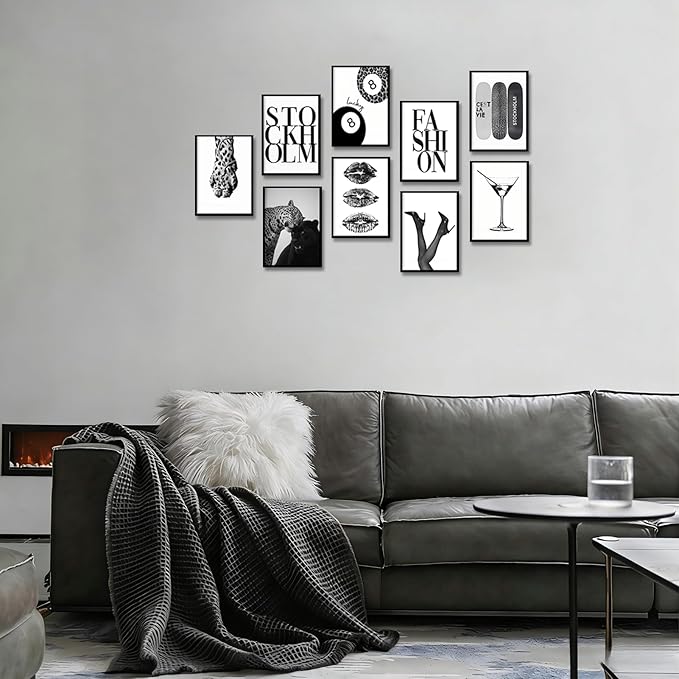 LOARTVE 9Pcs Black and White Fashion Wall Art Prints Trendy Leopard Stockholm Cocktail Lucky 8 Ball Pictures Wall Decor Preppy Aesthetic Posters for Girls Bedroom Dorm Apartment Unframed 8x10in