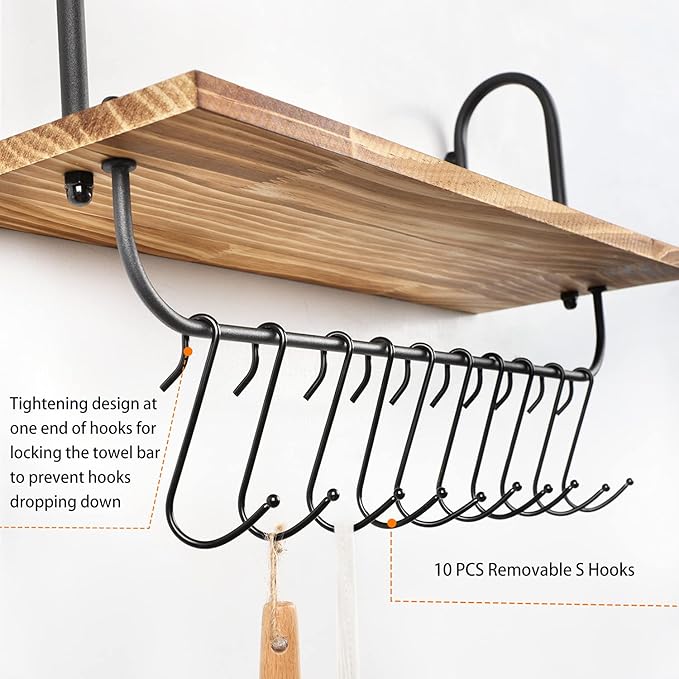Olakee Floating Wall Shelves for Kitchen Bathroom Coffee Nook with 10 Adjustable Hooks for Coffee Mugs, Coffee Bar Organizer and Decor, Rustic Storage Shelves Set of 2