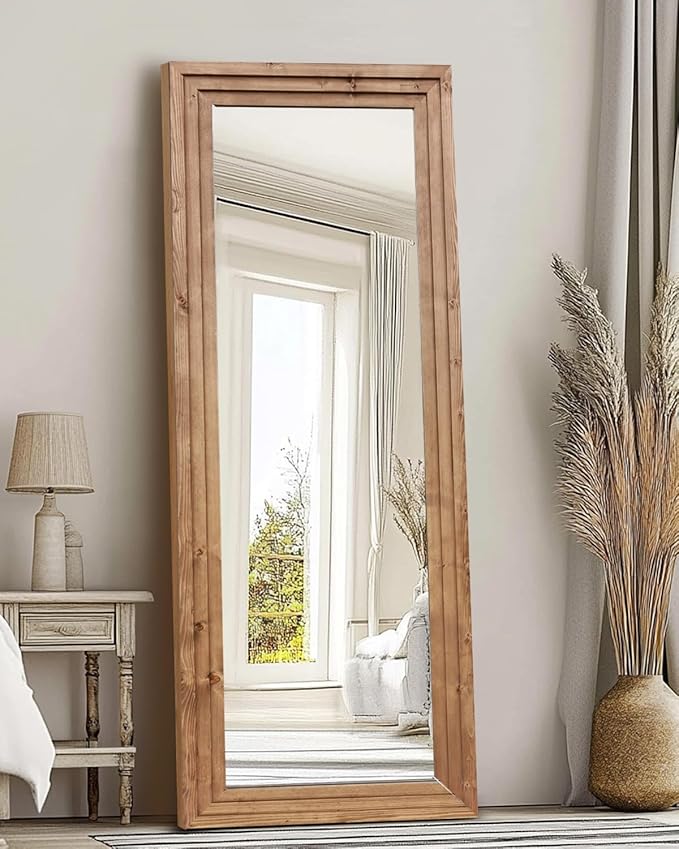 Full Length Mirror 65"x22" with Stand Solid Wood Frame Floor Large Mirror for Living Room, Bedroom Hanging Standing or Leaning Wall-Mounted, Light Brown