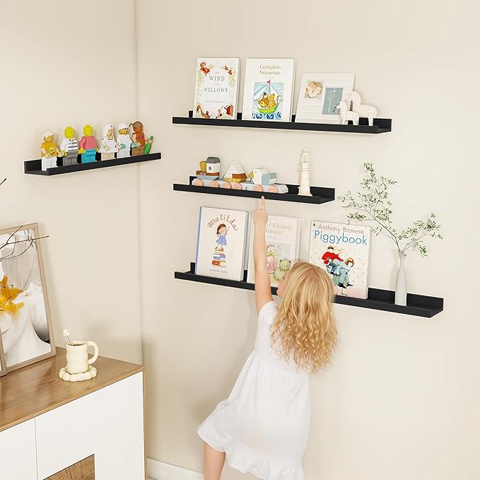 Fun Memories Picture Ledge Shelf, Black Floating Shelves Set of 4, 48 Inch Picture Shelves for Wall with Ledge, Large Nursery Book Shelf for Toys Storage, Living Room, Bedroom Decor Frames