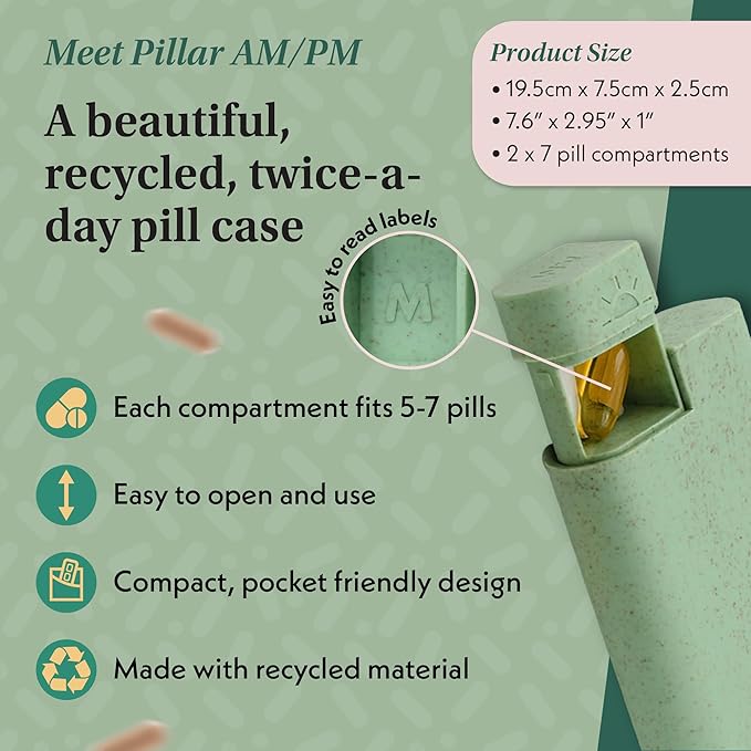 Pillar AM/PM Pill Box Organizer Two Times a Day | Aesthetic 7 Day Tablet Organizer 2 Times A Day | Beautiful Weekly Pill Box for Day and Night Medication (Sage Green)