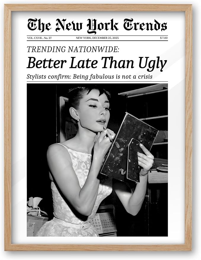 iHery Natural OAK Wood Audrey Hepburn Trendy Framed Wall Art, Better Late Than Ugly 12x16in Vintage Canvas Wall Decor, Retro Black and White Bathroom Artwork, Bedroom Apartment Girly Room 1Pack