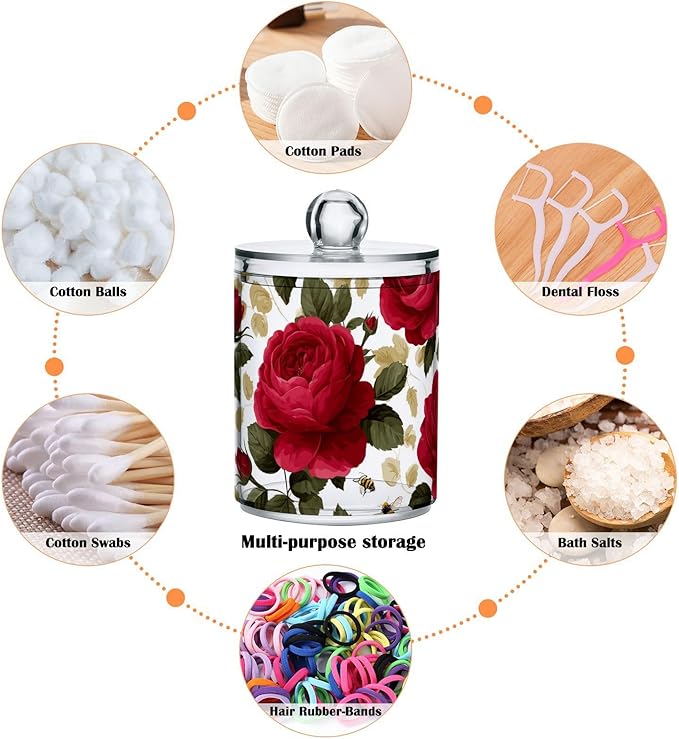 2 Pack Apothecary Jars Plump Red Roses and Bees Bathroom Vanity Storage Organizer Set,Small Clear Plastic Storage Jars Bathroom Canister for Cotton Swabs, Rounds, Balls, Qtips,Makeup Sponges, F
