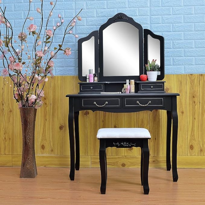 Makeup Table Set,Tri-folding Mirror Vanity Table Set Dressing Table Organizers with Cushioned Stool Bedroom (Black-4 Drawer) Tri-fold Mirror Dresser with Dressing Stool High quality Bathroom Mirrors