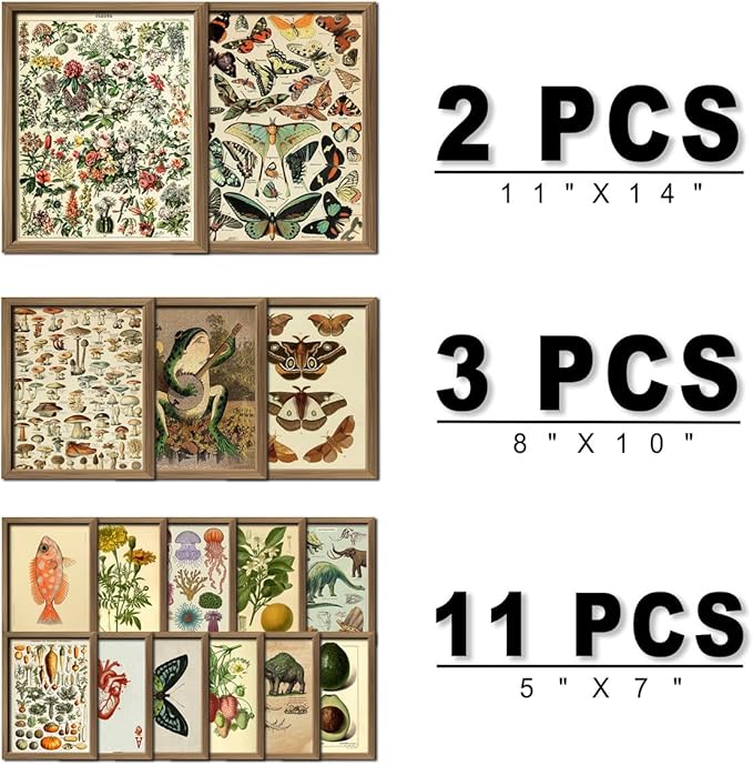ANERZA 16 PCS Framed Vintage Wall Art Decor, Botanical Cottagecore Wall Prints for Bedroom, Gallery Wall Frame Set, Farmhouse Posters for Living Room Aesthetic, Rustic Dorm Home Collage Kit