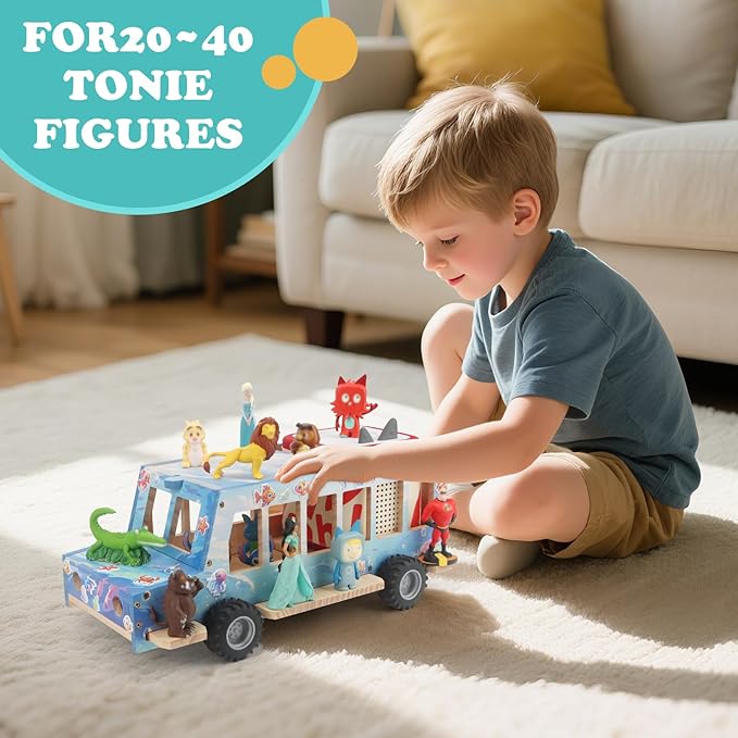 Ocean Theme Car for Tonies Box Shelf Storage for Toniebox 1/2 Player Tonies Figures Characters for Children with 35Pcs DIY Adhesive Metal Plate & 3 Ocean Animal Stickers, Rolling Display & Storage