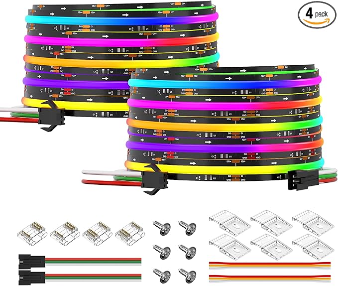 BTF-LIGHTING FCOB WS2811 IC RGB COB LED Strip DC12V 720LED/m Flexible High Density Uniform Chasing Color Light 2X16.4FT Total 32.8FT 20IC/m 12mm Width Black PCB(No Adapter or Controller)