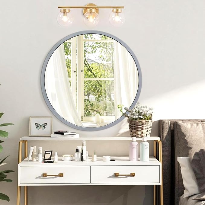JJUUYOU Circular Wall Mirror Round Mirror Decorativ for Bathroom Circle Mirrors Small Coffee Decor Metal Framed Make up Viintage Mirrors for Farmhouse Living Room Bedroom Dorm 20 Inch