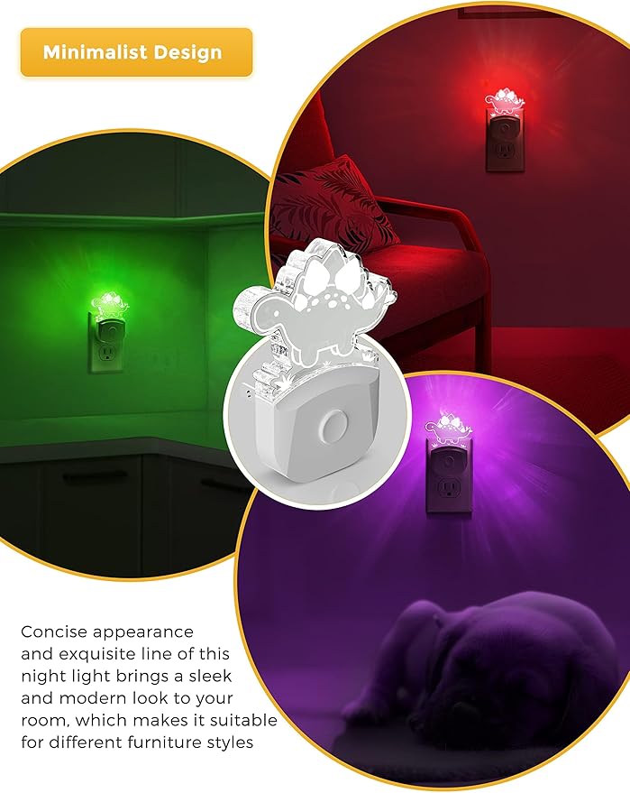 L LOHAS LED Night Light for Kids with Dusk to Dawn Sensor, Dinosaur Nightlight for Boys, Stegosaurus LED Night Light Plug in, RGB + Soft White, 3 Modes, for Nursery, Kids, Gifts, Bedroom[2 Pack]
