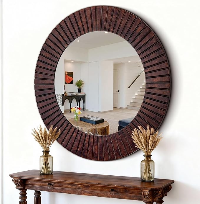 Chende 42'' Large Circle Mirror with Wood Frame, Decorative Mirror for Living Room, Farmhouse Bathroom Mirrors with Bronze Groove Finish for Entryway, Bedroom