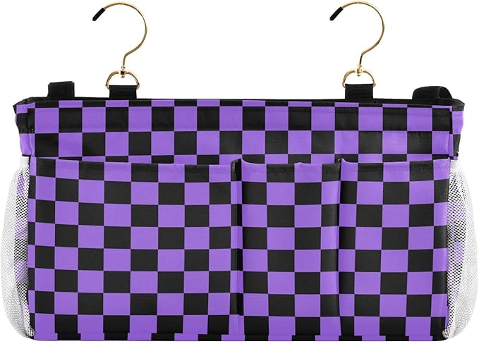 Checkerboard Black Purple Plaid Print Bedside Caddy Storage Bag Bedside Organizer for Bunk Bed Headboards College Organizer Caddy Hanging Shelf 6 Pockets with Hooks for Drinks Magazine Phone Holder