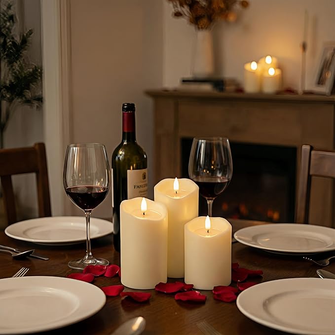 ANGELLOONG Flameless Candles with Remote for Table Decor, Flickering Fake Pillar Candles Battery Operated, Battery Candles with Timer for Home Living Room Wedding Bride Decoration, Set of 3