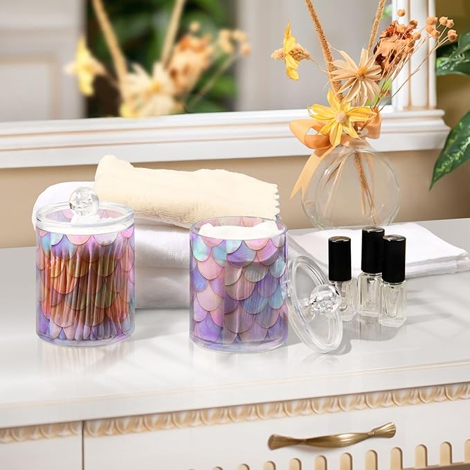 2 Pack Apothecary Jars Light Pink Fish Scales Bathroom Vanity Storage Organizer Set,Small Clear Plastic Storage Jars Bathroom Canister for Cotton Swabs, Rounds, Balls, Qtips,Makeup Sponges, Fl