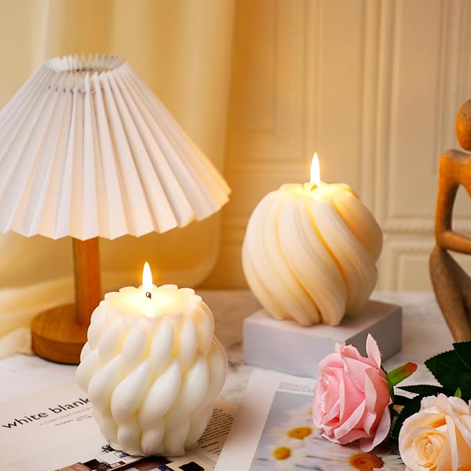 Threlaco 2 Pcs Decorative Pillar Candles Modern Aesthetic Knot Ball Swirl Candles Scented Soy Wax Ribbed Decor for Home Shelf Table Room Decor Christmas Holiday Housewarming Gift
