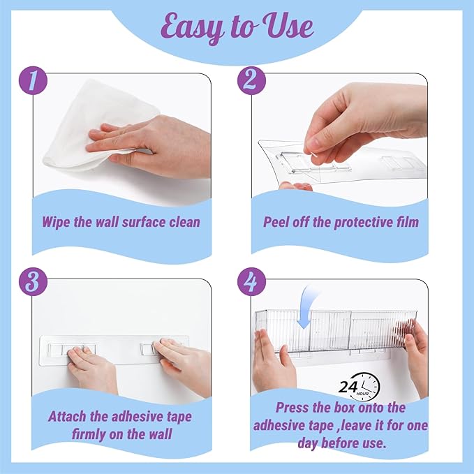 4 Pack Wall Mount Makeup Organizer, 14" Plastic Bathroom Storage Organizer with 3 Compartments, Clear Adhesive Shower Floating Shelf Cabinet Door Organizer for Wall Narrow Space Office