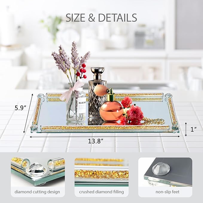 Glass Perfume Tray, 13.8" x 5.9" Golden Crystal Mirror Perfume Tray for Vanity Jewelry Trinket Cosmetic Makeup Display Serving Trays for Dresser Crushed Diamond Home Decor Countertop Organizer