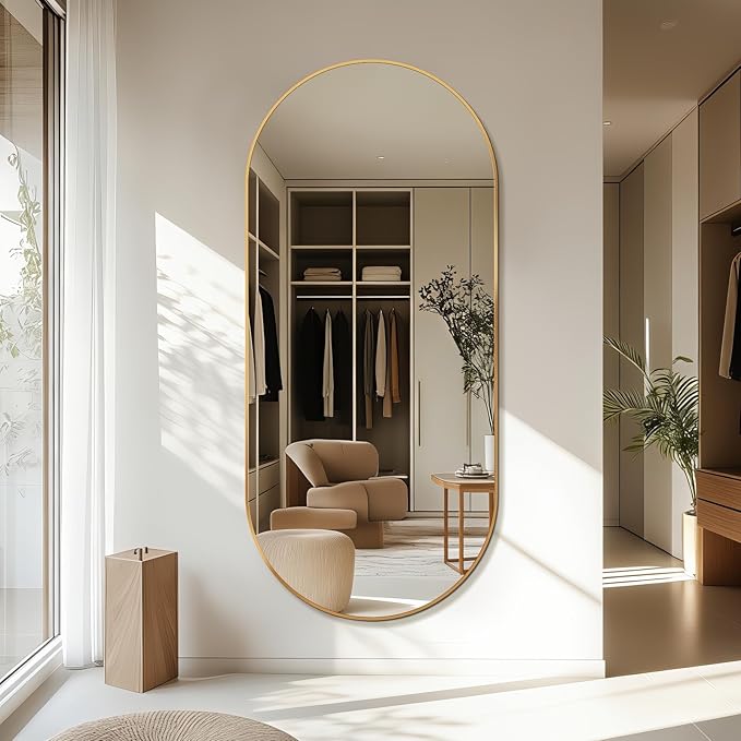 Oval Full Length Mirror, 71"×32" Wall-Mounted Floor Mirror with Metal Frame, Ultra-Clear Explosion-Proof Dressing Mirror, Simple and Classic Deco for Cloakroom/Bedroom/Living Room, Gold