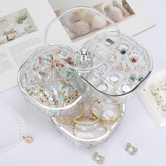LETURE 3-Layers Rotatable Jewelry Organizer Storage Box, Clear Ripple Jewelry Holder Case for Ring Earring Necklaces Bracelets Makeup Hair Accessories, Small Rotating Jewelry Tray for Women (Clear)