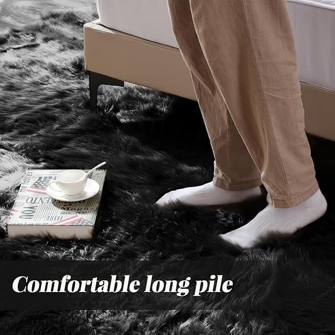 ORINOVA Washable 6x9 Area Rugs for Living Room Black Fuzzy Faux Sheepskin Shag Fur Rug for Bedroom Nursery Rectangle Rug Home Décor