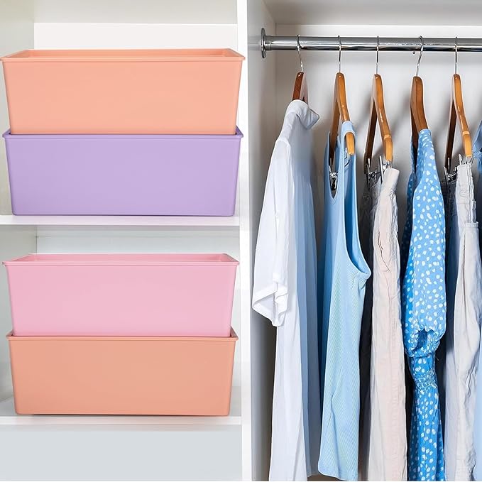 Menkxi 6 Pcs Large Plastic Storage Bins with Lids 14.4 x 10.4 x 5.1 Inch Stackable Storage Containers Decorative Cubby Organizer for Clothes Shelves Garage Closet Office (Pastel)