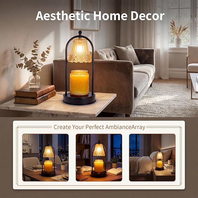 Vintage Rose Candle Warmer Lamp with Timer & Dimmer - Portable Iron Base, Amber Glass Shade, 2 Bulbs Included - Electric Wax Melter for Home Decor (Rose)