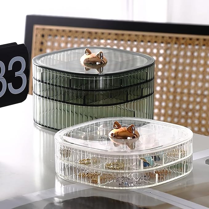 HALAFE Jewelry Box, 3-Layer Acrylic Jewelry Organizer with Cat Shape Handle, Clear Jewelry Boxes for Women Girls, Make up Organizer, Jewelry Storage Holder (Green, Cat)