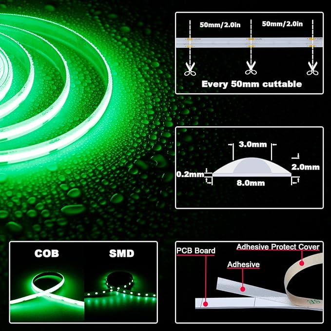 TOPAI 24V COB LED Strip Light Green Waterproof IP65 16.4ft/5M Dotless 480LED/M 2400LEDs Cuttable Flexible LED Tape Light for Cabinet Home DIY Lighting Projects