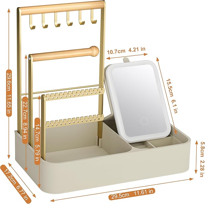 Jewelry Stand With Makeup Mirror, 4 Tiers Jewelry Holder Organizer, Jewelry Display Stand for Bracelet, Necklace, Earrings, Rings, 1000mAh 3-Color Lighting Makeup Mirror, Beige