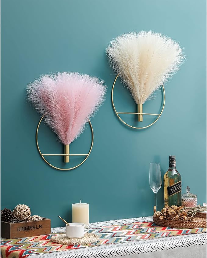 Pretty Jolly Boho Wall Decor, Large Wall-Mounted Metal Wall Decor, Hanging Artificial Pampas Display, Wall Art Living Room, Bedroom, Bathroom, Dining room, 2 Pack Gold Beige