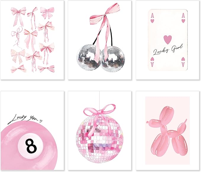 Coquette Room Decor, Preppy Aesthetic Posters for Room, Pink Disco 8 Ball Wall Art Prints, Trendy Cute Teen Girls College Dorm Bedroom TikTok Lucky Cherry Wall Posters, 8 x 10 Unframed, Set of 6