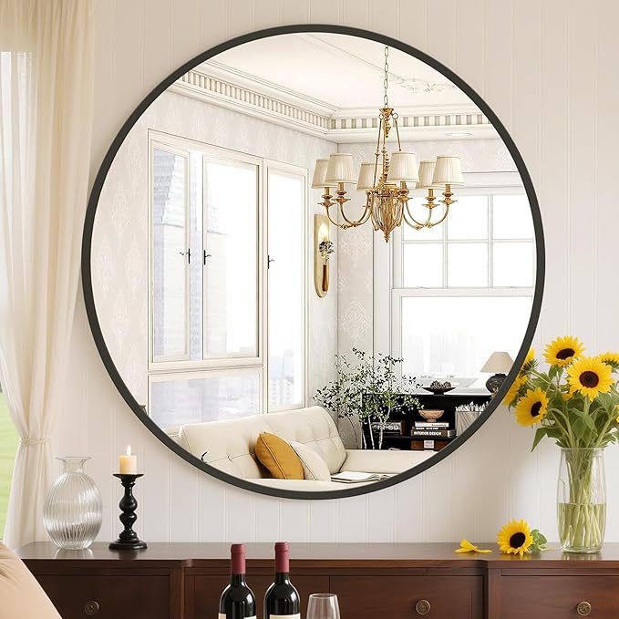 Sweetcrispy 30in Round Bathroom Mirrors for Wall, Bathroom Mirrors for Over Sink, Wall Decor for Bathroom, Entryway, Bedroom, Vanity, Black