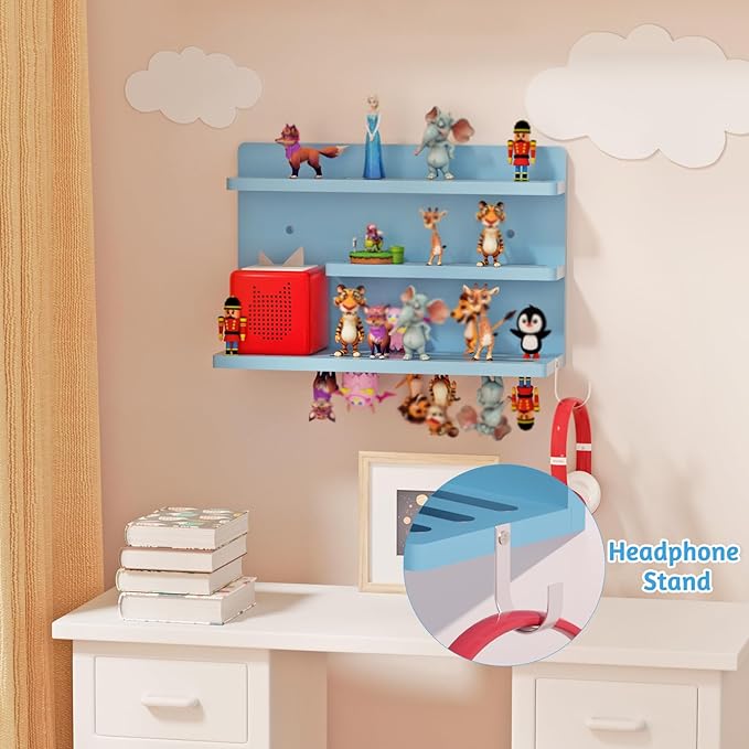 for Tonies Shelf Magnetic - Tonies Figure Organizer for Kids Room, Wooden Magnetic Display Shelf for Tonies Box Holder, Wall Floating Shelves Toy Storage Compatible Charging Station (3 Tier, Blue)