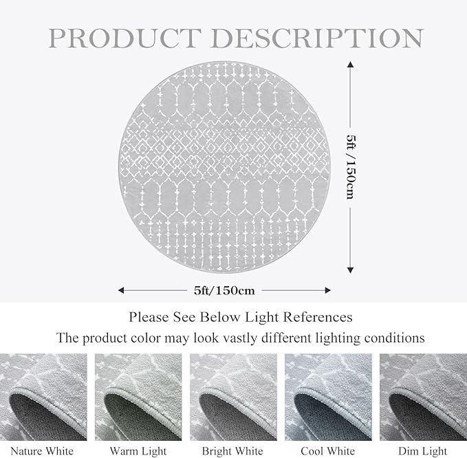 Lahome Moroccan 5Ft Round Rug Machine Washable Round Bedroom Carpet Grey Non-Slip Throw Circle Rugs for Living Room Low-Pile Large Round Rug, Modern Geometric Print Carpet for Office Dining Room Hana