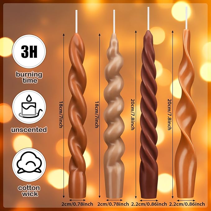 Nuanchu 4 Pcs Twisted Taper Candles Wax Unscented Smokeless Spiral Swirl Candlesticks for Wedding Holiday Dinner Party Home Decorations(7.87 Inch,Pure,Fall Color)