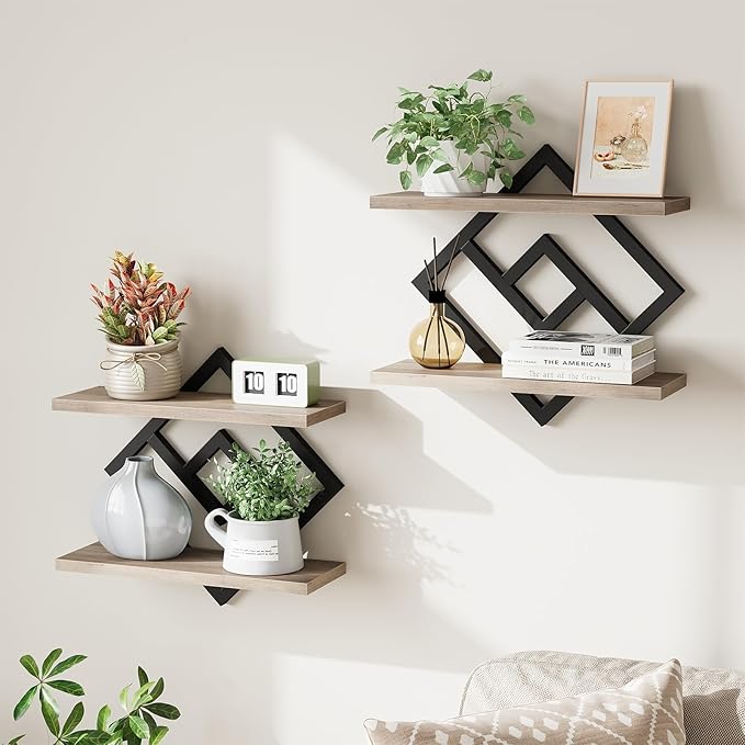 ELYKEN Floating Shelves for Wall, Set of 2 Hanging Shelves, 2-Tier Wall Mounted Storage Shelves for Books & Decor, Perfect for Living Room, Bedroom, Kitchen, Home Office, Study, Greige