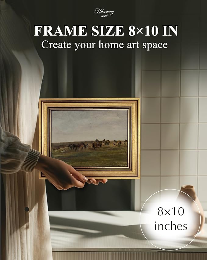 HUARCEY Gold Framed Vintage Wall Art for Living Room, Animals Painting Prints Shelf Decor for Kitchen, Aesthetic Bedroom Wall Art, Best Gifts for Friends or Family - Horses in the Meadow 10L x 8W