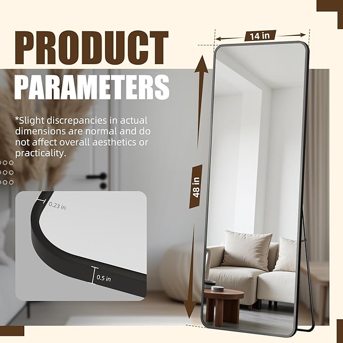 Antok Over The Door Mirror Full Length, 49'' x 14''Wall Mounted Hanging Mirror, Aluminum Alloy Frame, Shatterproof Glass, No Drill Installation for Bedroom, Closet, Bathroom, Dorm, Round Corner,Black