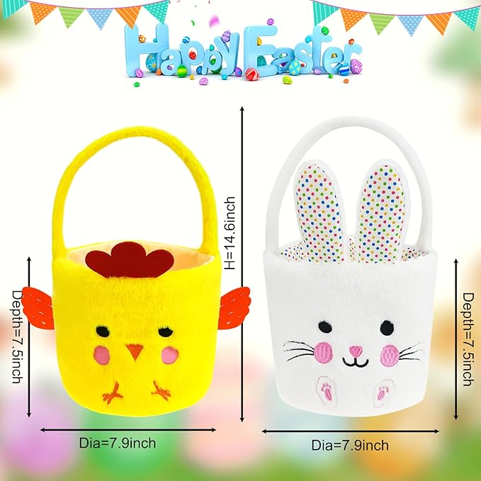 DearSun 2 Pcs Easter Basket Bunny & Chick Plush Baskets Dia 8" * H 15.7", Easter Egg Hunting Basket for Kids Gifts Party Decoration Supplies