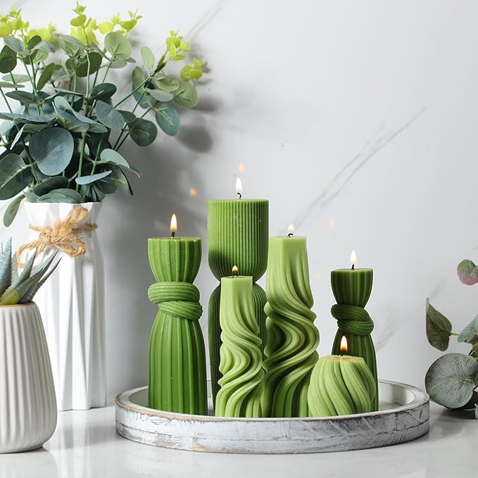 Threlaco 6 Pcs Pillar Candles Decorative Modern Aesthetic Ribbed Candle Set Cute Soy Wax Scented Ribbed Decor Valentine's Commemorative Gift for Home Decoration(Green,2.36-6.89 Inch)