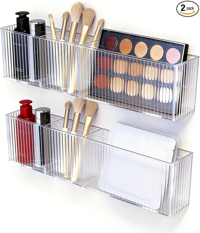 2-Pack Acrylic Wall-Mounted Make up Organizer Shelves with 3 Compartments, Adhesive Bathroom Organizer Storage,Shower Caddy Cabinet Door Organizer for Makeup and Skincare