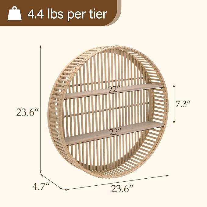 Rattan Wall Shelf 3 Tier Boho Wall Mounted Shelf Farmhouse Handcraft Round Floating Shelf Display Rack Storage Circular Hanging Shelf for Livingroom Home Decor