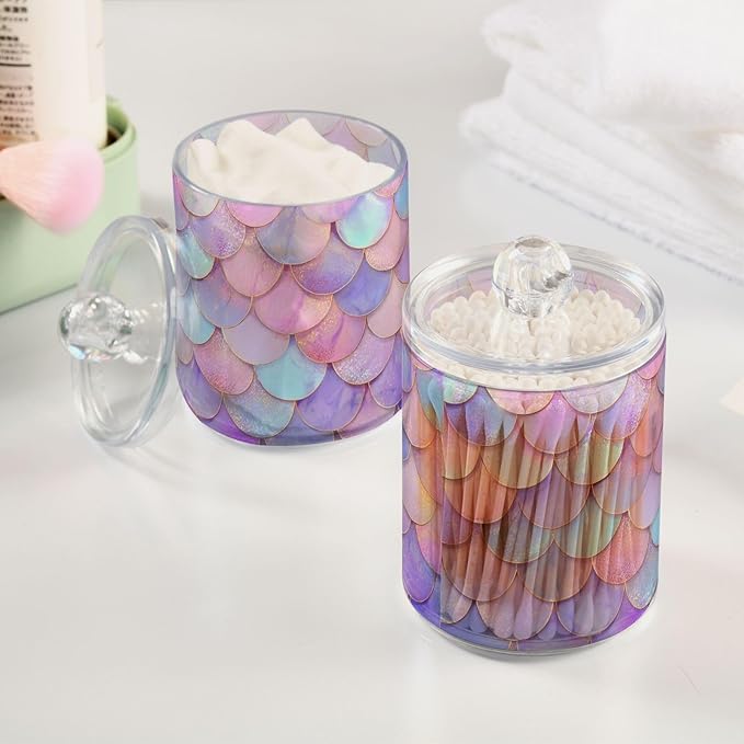 2 Pack Apothecary Jars Light Pink Fish Scales Bathroom Vanity Storage Organizer Set,Small Clear Plastic Storage Jars Bathroom Canister for Cotton Swabs, Rounds, Balls, Qtips,Makeup Sponges, Fl