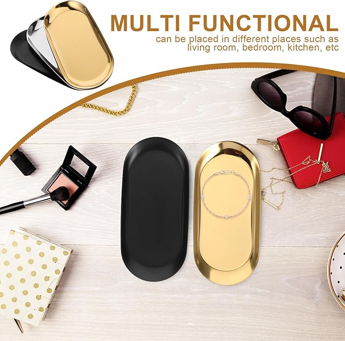 NUOBESTY 3pcs Oval Stainless Steel Jewelry Storage Tray Set – Thickened 18cm Metal Dresser Organizer for Home Decor, Makeup, Perfume, and Trinket Storage in Silver, Black, and Gold
