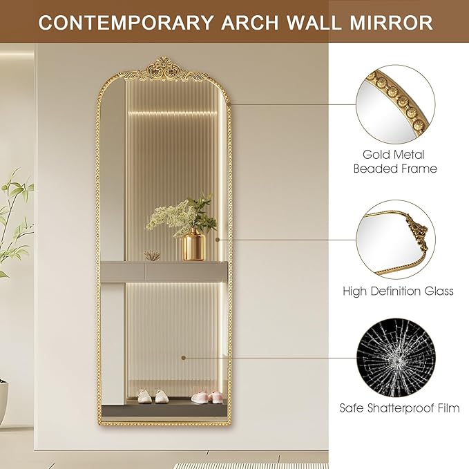 Arched Full Length Mirror 20"x56", Antique Gold Large Traditional Vintage Baroque Inspired Floor Mirror for Wall, Bedroom, Living Room, Hallway