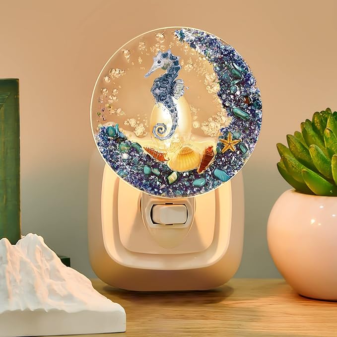 Hortsun Plug in Seashell Night Light Ocean Sea Animal Decorative Night Light Plug in Beach Lamps Vintage Ocean Lamps for Adult for Home Bedroom Living Room Bathroom Wall(Sea Horse)