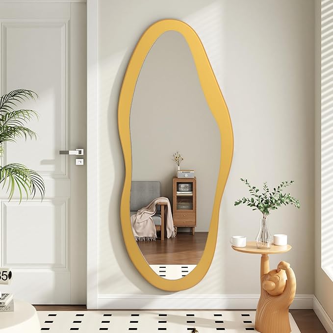 AAZZKANG Gold Irregular Full Length Mirror with Wood Framed Large 47"x20" Asymmetrical Full Body Mirrors for Bedroom Living Room Entryway